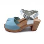 CLEO Holz Clogs Sandale mit Absatz hellbau silber