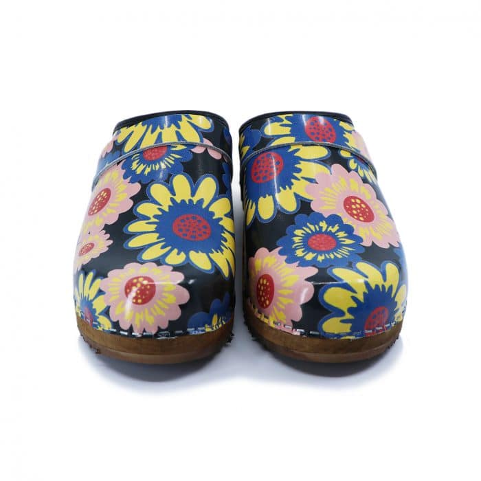 LYCKA Holz Clogs flach Flower Power dunkler Sohle – Bild 2
