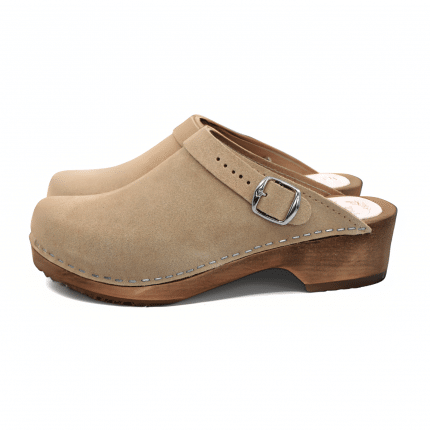 LYCKA Holz Clogs flach mit Riemchen sand beige suede