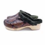 PAOLA Holz Clogs mit flexibler Sohle flach und FELL