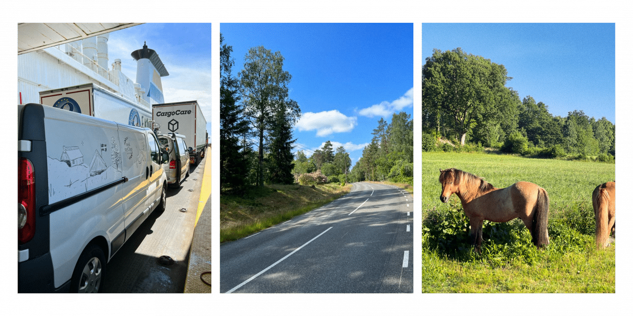 Eine Bild Collage mit Bildern von einem kleinen Lieferwagen, einer Straße in Schweden und Pferden auf einer Weide