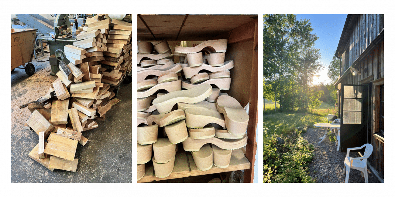 Eine Collage aus Holzscheiten und Holzleisten, aus denen Holzclogs entstehen und ein Haus in Schweden