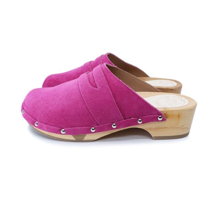 GUILIA Holz Clogs mit flexibler Sohle in Wildleder fuchsia pink mit Nieten – Bild 1